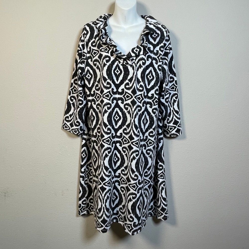 Barbara Erickson Dress Workwear XL Black White Ikat Ruffle Neck 3/4 Sleeve Shift